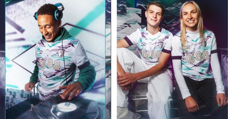 Bournemouth away kit, white shirt with purple and mint green graphics pattern